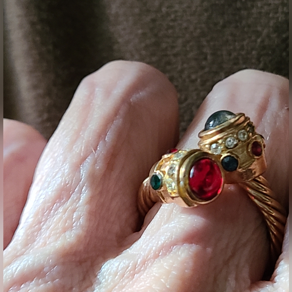 Designer-Inspired Gold-Filled Red,Blue,Green,Clear Gemstone Rope Crossover Ring